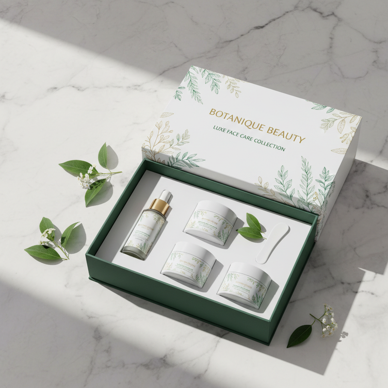 Botanicare Face Cream subscription box with botanical packaging on marble surface